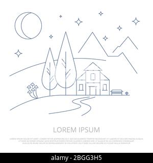 Sommer Berge Camp Linie Hintergrund - Waldlandschaft und Haus Umriss Vektor-Illustration Stock Vektor