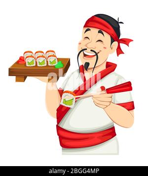 Asiatischer Koch bereitet Sushi zu. Schöner japanischer Koch Cartoon Charakter. Vektorgrafik. Stock Vektor