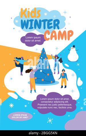 Kinder Winter Camp Banner Flach Vektor Illustration. Auf Dem Eis Fahren Die Menschen Um Baum Herum. Mädchen in Hut von Cold Clothes Skates gekleidet gleitet auf Eis. Winter H Stock Vektor