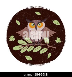 Wild Cartoon Eule auf Zweig Grunge Karte oder Emblem oder Logo. Vector Eule auf Ast Llustration isoliert auf weiß Stock Vektor