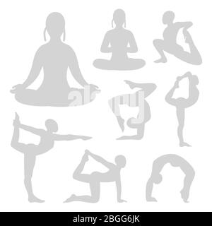 Grau Pilates Yoga Fitness Silhouetten Set. Gesunde Frau Sammlung Pose. Vektorgrafik Stock Vektor