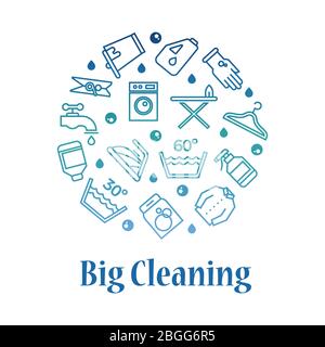 Große Reinigungssymbole runden Konzept. Symbole für die Waschlinie der Hausarbeit auf weiß. Vektorgrafik Stock Vektor