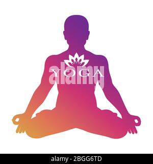 Yoga Logo Vektor Design. Helle Meditation männliche Silhouette auf weißem Hintergrund isoliert. Illustration von Meditation und Entspannung Stock Vektor