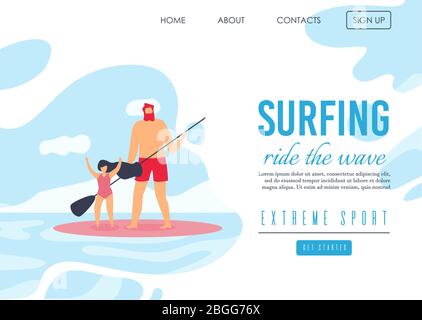 Landing Page bietet Familie Extreme Surfen auf Wellen. Cartoon Vater und glücklich Tochter stehend und Reiten Surfbrett. Sport Gesund Lebensstil Vacati Stock Vektor