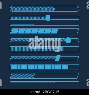 Futuristisch Download Fortschritt Laden bar Vektor gesetzt isoliert. Fortschritt Web-Schnittstelle, Sammlung von Upload und Download Prozess Illustration Stock Vektor