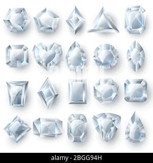Silber Diamanten Edelsteine, Schneiden Steine Schmuck Vektor auf weißem Hintergrund isoliert gesetzt. Brillantstein, Kristall kostbar, Edelstein Luxus Illustration Stock Vektor