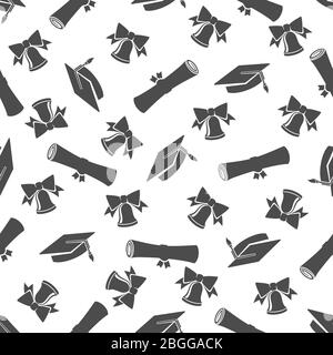 Graduate nahtloses Muster mit Studenten Mütze, Glocke und Rollen Silhouetten. Vektorgrafik Stock Vektor