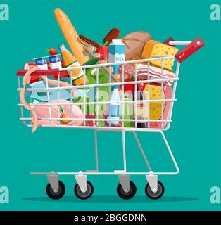 Warenkorb mit frischen Produkten. Lebensmittelgeschäft, Supermarkt. Essen und Getränke. Milch, Gemüse, Fleisch, Geflügel, Käse, Wurst, Salat, Brot getreide steak Ei. Vector Illustration Flat Style Stock Vektor