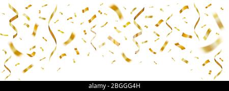 Gold glänzend realistische Konfetti. Feier golden Konfetti Party Dekor, Papier fliegen Jubiläum feiern. Festliche fallende Band Splash Vektor Stock Vektor