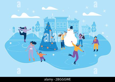 Flache Illustration Eisbahn auf Big City Street. Vektorgrafik auf blauem Hintergrund. Erwachsene und Kinder Happy Ice Skate auf der Straße gegen Backgroun Stock Vektor