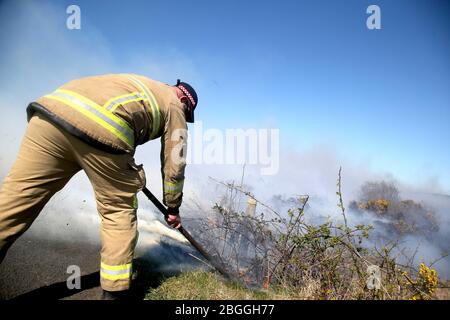 Ballycastle Nordirland-21. April 2020. 70 Feuerwehrleute aus ganz Nordirland besuchen die außer Kontrolle geratenen Waldbrände Feuerwehrleute kämpfen in der Nähe von Ballycastle in der Grafschaft Antrim gegen zwei große Waldbrände. Auch Spezialeinheiten wurden aufgrund der Beschaffenheit des Geländes beauftragt. Trockene Böden behindern ihre Bemühungen und Rauch aus dem Feuer kann von Antrim Stadt und Coleraine gesehen werden.Bildquelle: Steven McAuley/Alamy Live News Stockfoto