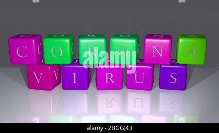 Kreuzworträtsel des CORONA-VIRUS, angeordnet durch kubische Buchstaben auf einem Spiegelboden, Begriffsbedeutung und Präsentation. 3D-Darstellung Stockfoto