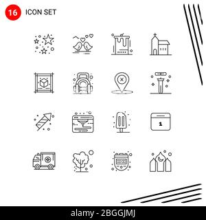 Piktogramm-Set von 16 einfachen Umrissen von Würfel, historische, Kuchen, Kirche, Gebäude editierbare Vektor Design-Elemente Stock Vektor
