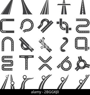 Karten für Autobahnwege. Schwarze LKW-Straßenvektorsymbole isoliert. Straßenteil der Autobahn für Verkehrsdarstellung Stock Vektor