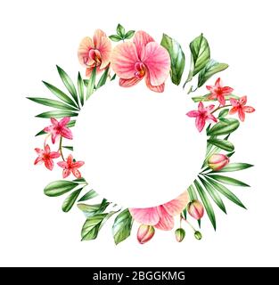 Aquarell floralen Hintergrund. Orange Orchideen und Palmblätter Anordnung. Runder Rahmen mit Platz für Text. Handgemalter tropischer Hintergrund für Karten Stockfoto
