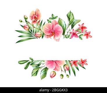 Wasserfarbenes Blumenbanner. Rosa Orchideen und Palmblätter Anordnung. Horizontaler Rahmen mit Platz für Text. Handgemalter tropischer Hintergrund für Karten Stockfoto