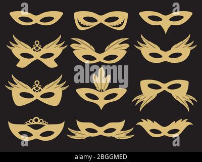 Goldene Karnevals Party Gesichtsmasken mit dekorativen Elementen auf schwarzem Hintergrund. Vektorgrafik Stock Vektor