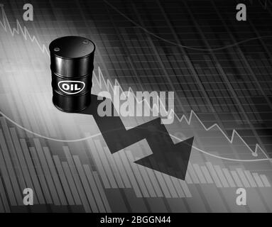 Das Konzept der fallenden Ölpreise als Barrel Rohöl wirft einen Pfeil nach unten auf ein Finanzdiagramm als Symbol für den Rückgang fossiler Energie. Stockfoto