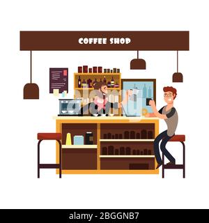 Mann arbeitet in Cafe Vektor-Illustration. Barista, Bar und Freelancer Zeichentrickfiguren Design Stock Vektor