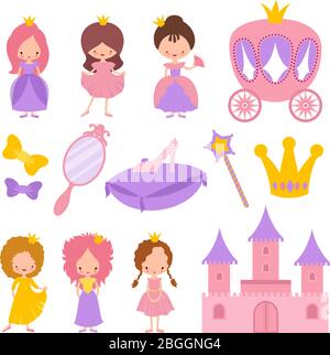 Niedliche kleine Prinzessin mit Krone und Märchen Vektor-Elemente. Puppe Charakter in Kleid, Design Cartoon Königin aus Märchen Illustration Stock Vektor