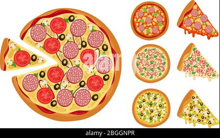 Traditionelle Pizzaelemente. Ganze heiße Pizza Scheiben Vektor-Set isoliert auf weißem Hintergrund. Illustration von warmen Speisen für Menü, Käse und Tomaten Stock Vektor