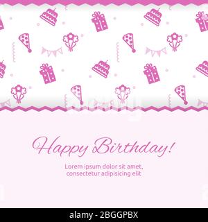 Poster im „Happy Birthday“-Design. Geburtstagsfeier Banner und Poster mit niedlichen rosa Muster. Vektorgrafik Stock Vektor