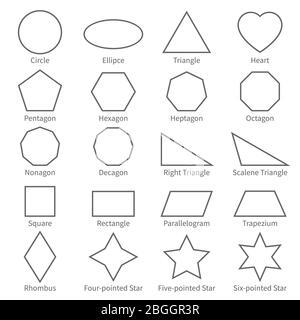 Einfache geometrische Kontur flache Formen. Pädagogische Geometrie Vektor-Diagramm für Kinder. Vektorquadrat und Rechteck, Ellipse und Dreieck Illustration Stock Vektor