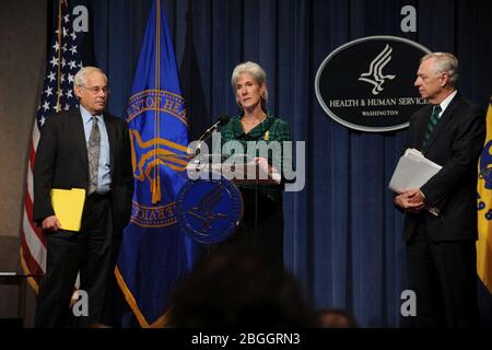 HHS-Sekretärin Sebelius wird gemeinsam mit CMS-Administrator Dr. Don Berwick und dem stellvertretenden Direktor des neuen Zentrums für Medicare und Medicaid Innovation, Dr. Richard Gilfillan, die neue Innovation Challenge im Gesundheitswesen ankündigen. Stockfoto