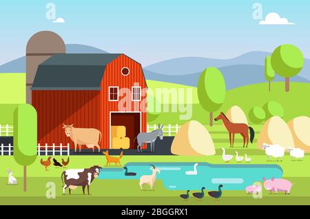 Ranch Haus, Bauernhof Gebäude und landwirtschaftliche Tiere in ländlicher Landschaft. Eco Farm flachen Hintergrund Vektor-Illustration Stock Vektor