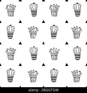 Nahtlose Muster mit Topfpflanzen Kakteen, Sukkulenten und einfachen Dreiecken im Doodle-Stil auf weißem Hintergrund isoliert. Perfekt für Textil, Wallpa Stock Vektor