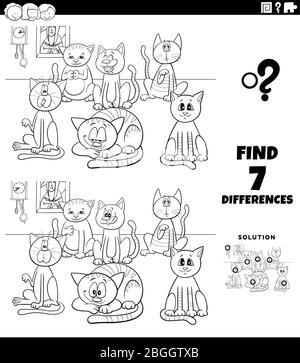 Schwarz-Weiß Cartoon Illustration der Suche nach Unterschieden zwischen Bildern pädagogische Aufgabe für Kinder mit lustigen Katzen Zeichen Gruppe Färbung B Stock Vektor