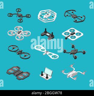 Verschiedene isometrische 3d Drohnen. Luftlieferung und Foto Roboter Vektor-Set. Flugzeug-Roboter, Steuerung Propeller drahtlose Illustration Stock Vektor