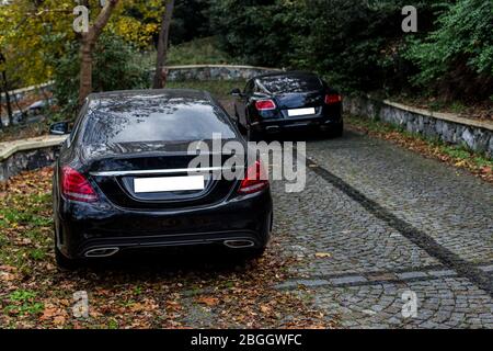 Schwarze Luxuslimousine in einem grünen Park auf der Straße Stockfoto