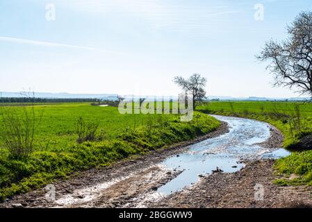 19. Februar 2020 - Belianes-Preixana, Spanien. Eine Schotterstraße, die von einem undichten Aquadukt überflutet wird. Stockfoto