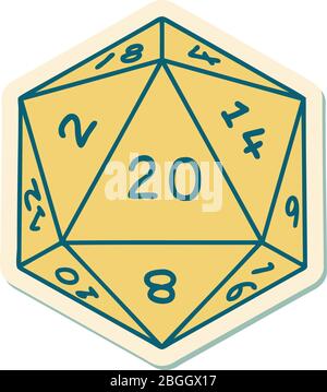 Aufkleber von Tattoo im traditionellen Stil eines d20 Würfel Stock Vektor