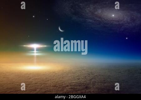 Fantastischer Hintergrund - Außerirdische Aliens Raumschiffe aus dem Weltraum Landung auf dem Planeten Erde, Aliens Invasion. Elemente dieses Bildes eingerichtet Stockfoto