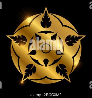 Glänzende goldene heraldische Blume. Abstraktes florales Element auf schwarzem Hintergrund. Vektorgrafik Stock Vektor