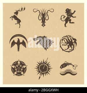 Vintage Great Kingdoms Häuser Gaming heraldischen Vektor-Symbole mit Silhouette Tiere und Thron Symbole Illustration Stock Vektor