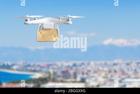 Moderne technologische Sendung Innovation - Drohne schnelle Lieferung Konzept, Multicopter fliegen mit Karton über der Stadt Stockfoto