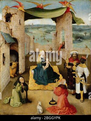 Hieronymus-Bosch-1470-1475-die-Anbetung-der-Magier. Stockfoto