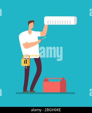 Professioneller Mechaniker, der die Klimaanlage installiert. Reparatur von Apartment-Kühler und Luftsteuerung Service Vektor-Konzept. Einbau Luftkühler, Wartung, Wartung und Einbau Abbildung Stock Vektor