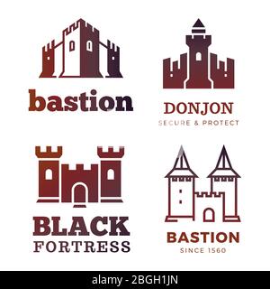 Mittelalterliche Burg und Ritter Festung Vektor alten königlichen Logo auf weiß isoliert gesetzt. Vektorgrafik Stock Vektor
