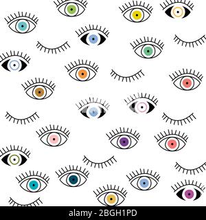 Nahtlose Augenmusterung. Vektor von Hand gezeichnet. Augen mit Wimpernhintergrund öffnen und schließen Stock Vektor