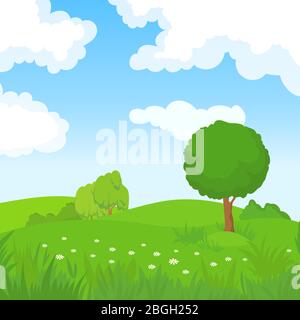 Cartoon Sommer Landschaft mit grünen Bäumen und weißen Wolken in blauen Himmel. Wald Park Panorama Vektor Hintergrund. Sommer grünen Park, Naturlandschaft, Feld Gras Illustration Stock Vektor