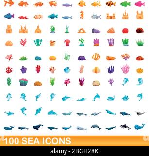 100 SEA-Symbole festgelegt. Cartoon Illustration von 100 SEA Icons Vector auf weißem Hintergrund isoliert gesetzt Stock Vektor