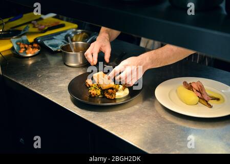 Koch arrangiert Essen auf dem Teller Stockfoto