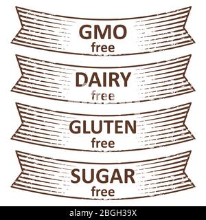 Hand gezeichnet glutenfrei, Zucker frei, Milchfrei, gvo frei Banner Band Design. Vektorgrafik Stock Vektor