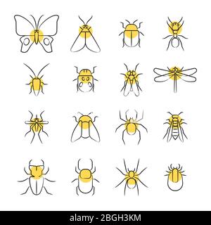Skizzieren Sie lineare Insekt-Ikonen mit gelben Details isoliert auf weiß. Vektorgrafik Stock Vektor