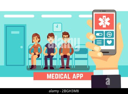 Handy-App für medizinische Geräte. Gesundheitswesen und Krankenhaus Vektor-Konzept mit Ärzten und Patienten. Gesundheit Online-Web, Krankenhaus in Telefon Illustration Stock Vektor