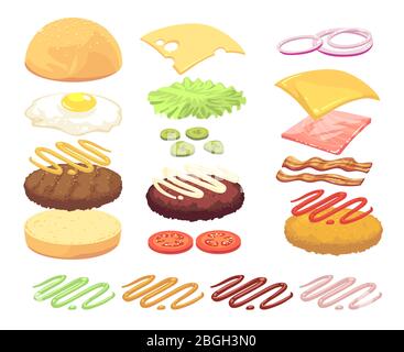 Sandwich und Burger Lebensmittel Zutaten Cartoon Vektor-Set. Illustration von Cheeseburger und Hamburger, Zutat Brot und Gurke, Käse und Fleisch Stock Vektor